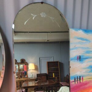 Vintage Frameless Arched Mirror with Etched and Beveled Glass